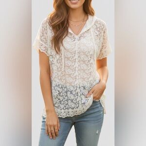 Pol Etereal Crochet Elegant Lace Hoddie Shirt Sz S Western Bohem bell Boho Cas
